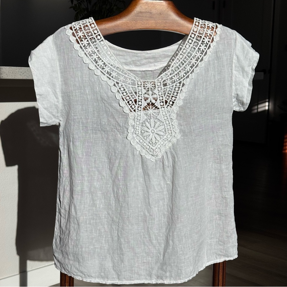 Bellambra Made in Italy 100% Linen White Blouse with Crochet Lace Size S